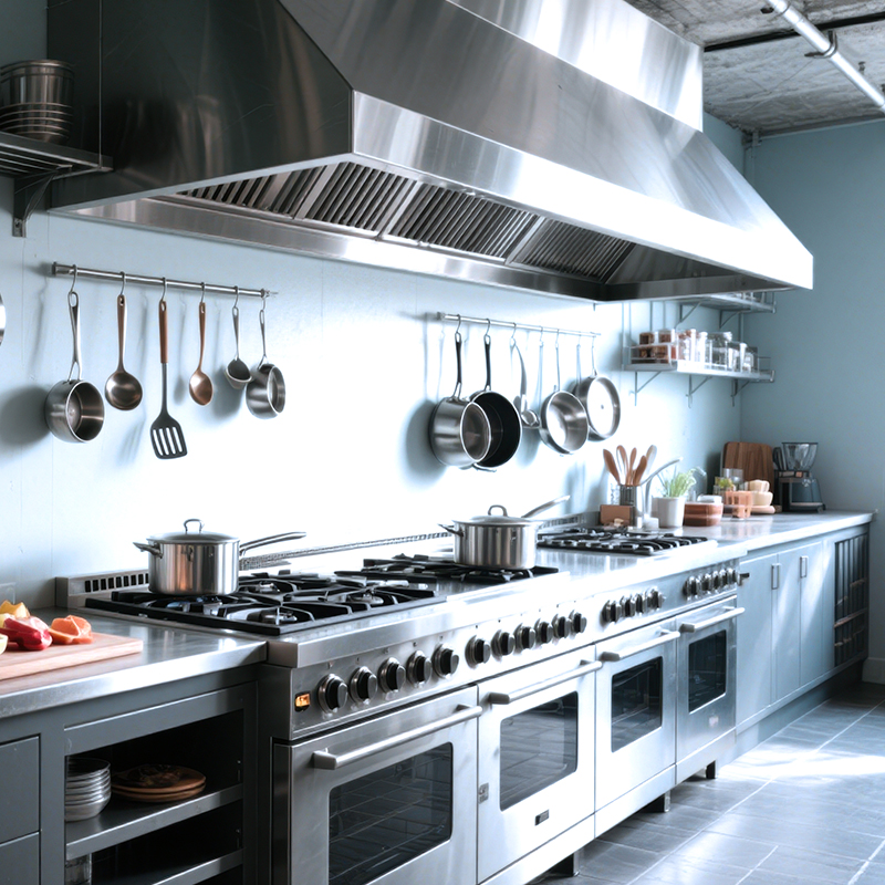 Modern commercial kitchen with stainless steel exhaust hoods and ranges manufactured by precision bending and laser cutting.